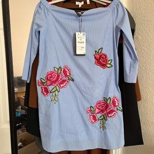 Zara Woman Striped Floral Off-The-Shoulder Mini Dress NWT Size S